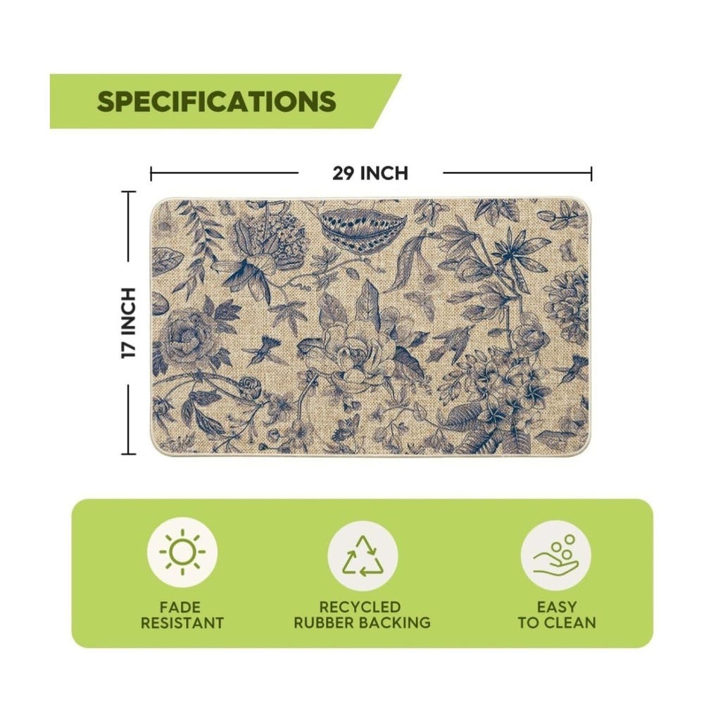 Fade Resistant Floral Rectangle Door Mat 17x29 Beige/Blue Recycled Rubber - Picture 2 of 6